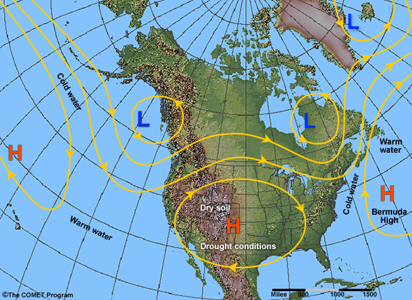Map of North American continent, showing how extensive the Bermuda High is and its impact on drought in the SE US
