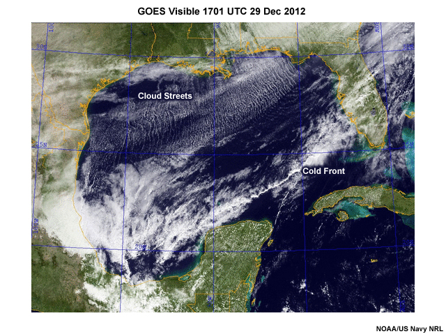 Cloud streets associated with a cold outbreak over the the Gulf of Mexico. Note the band of bright clouds associated with the cold front ahead of the cold air.
