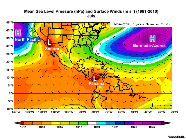Mean Sea Level Pressure and Surface Winds July (1981-2010)