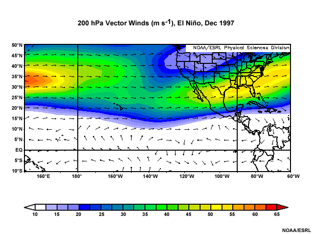 Climatological Mean Winds at 200 hPa for December 1997 (subtropical Jet during El Nino winter)