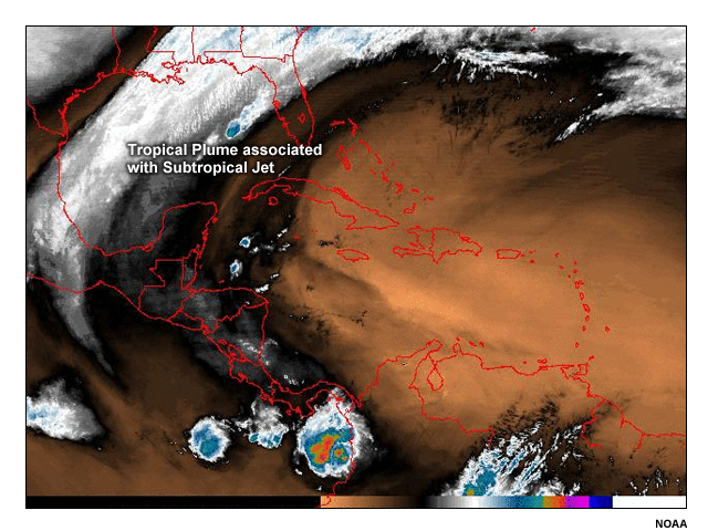 Enhanced water vapor image showing tropical plume across the Gulf of Mexico associated with the Subtropical Jet