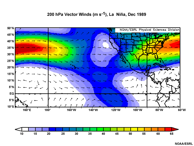 Climatological Mean Winds at 200 hPa for December 1989 (subtropical Jet during La Nina winter)