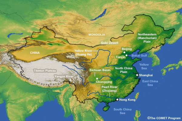 Topographic Map of China with significant place names