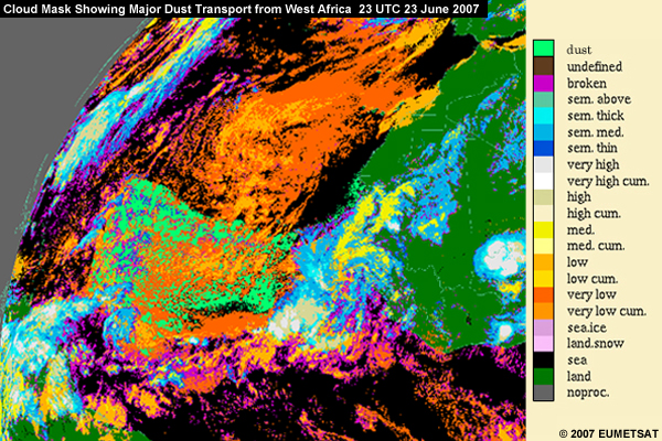 EUMETSAT's cloud mask product showing major dust transport from West Africa on 23 Jun 2007
