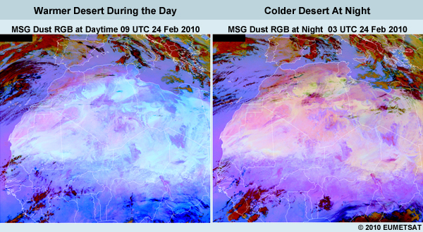 2 panels of MSG Dust RGBs from 24 Feb 2010, one showing warmer desert at night, the other colder desert during the day