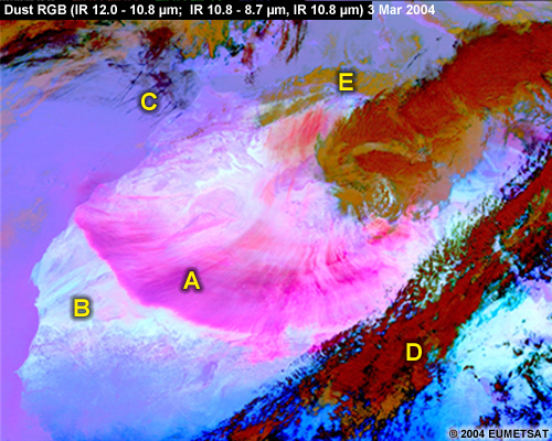 MSG dust RGB showing over dust storm in North Africa on 3 Mar 2004