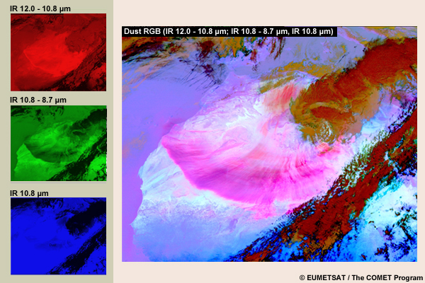 Dust RGB with its 3 input images in different color guns (IR12.0-10.8, IR10.8-8.7, IR10.8)