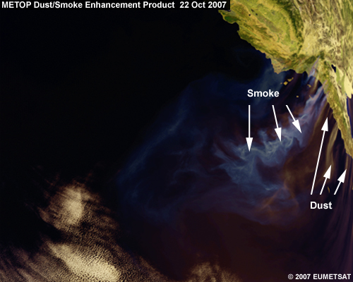 METOP dust and smoke enhancement product from October 22 2007 with dust and smoke pointed out off the coast of Southern CA