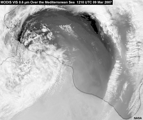 MODIS VIS 0.6 micrometer channel showing dust over the Mediterranean Sea at 1210 UTC 09 March 2007