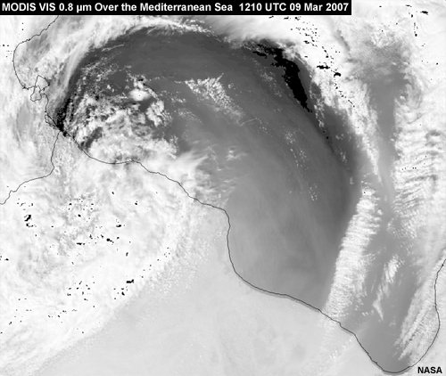 MODIS VIS 0.8 micrometer channel showing dust over the Mediterranean Sea at 1210 UTC 09 March 2007
