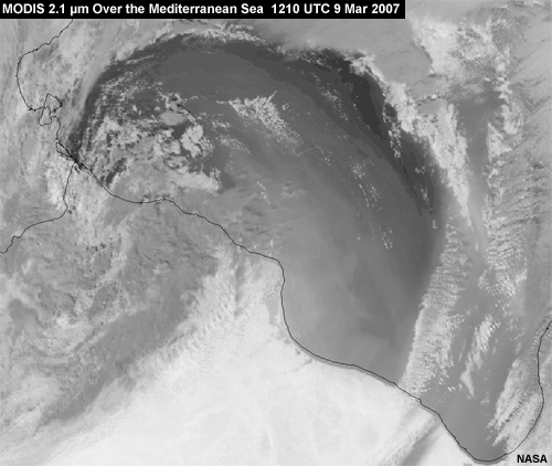 MODIS 2.1 micrometer channel showing dust over the Mediterranean Sea at 1210 UTC 09 March 2007