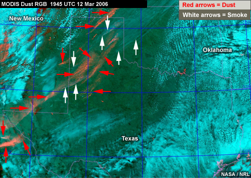 MODIS dust RGB with arrows pointing out dust and smoke over the U.S states of TX, OK, and NM at 1945 UTC 12 March 2006