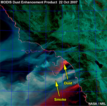 MODIS dust enhancement product with dust and smoke pointed out off the coast of Southern CA