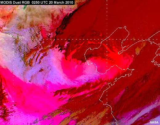 MODIS dust RGB showing a dust storm over China (near Beijing) on 20 March 2010