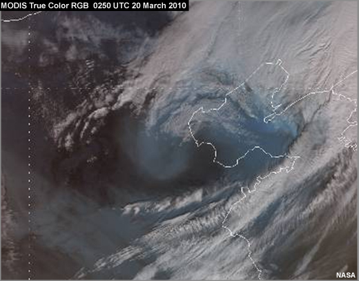 MODIS true color image showing a dust storm over China (near Beijing) on 20 March 2010