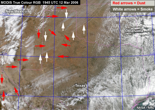 MODIS true color RGB with arrows pointing out dust and smoke over the U.S states of TX, OK, and NM at 1945 UTC 12 March 2006