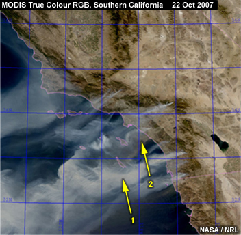 MODIS true color RGB of dust and smoke in southern California