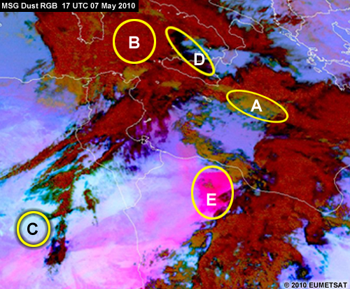 MSG dust RGB of northern Africa, the Mediterranean, and Italy on 07 May 2010 with areas circled as part of an exercise