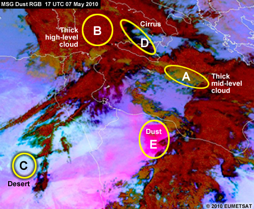 MSG dust RGB of northern Africa, the Mediterranean, and Italy on 07 May 2010 with areas circled as part of an exercise
