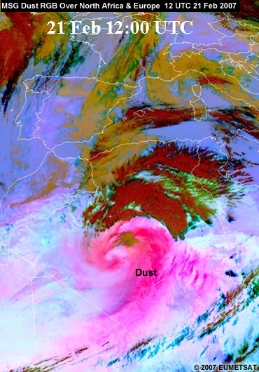 MSG dust RGB over North Africa and Europe at 12 UTC 21 Feb 2007