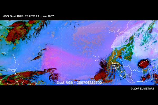 MSG Dust RGB showing dust moving off West Africa on 23 June 2007