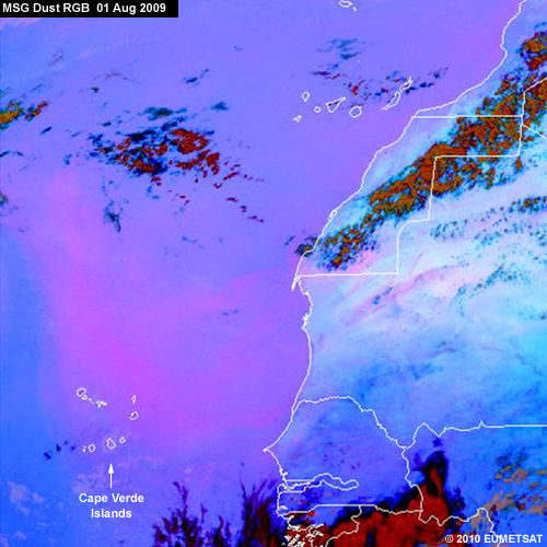 MSG dust RGB showing a dust storm off the coast of West Africa on 01 Aug 2009