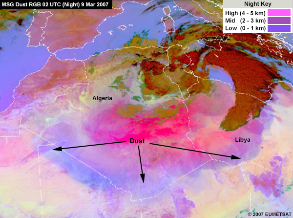 MSG dust RGB showing a dust storm at night over northern Africa on 9 Mar 2007 with a legend for interpreting the level of dust at night