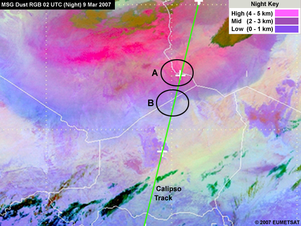 MSG dust RGB showing a dust storm at night over northern Africa on 9 Mar 2007 with a legend for interpreting the level of dust at night and the Calipso tracking line overlaid