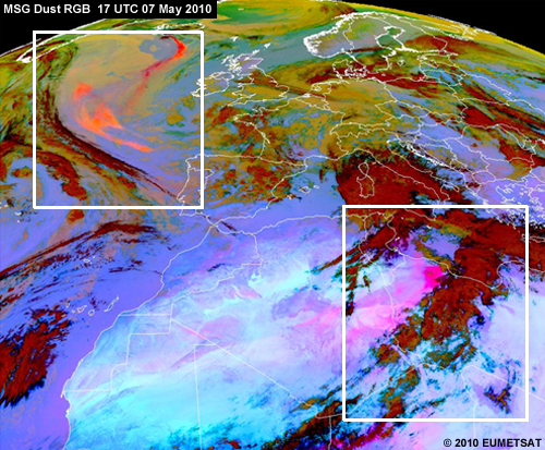 MSG dust RGB of Europe and Africa on 07 May 2010 with two areas highlighted