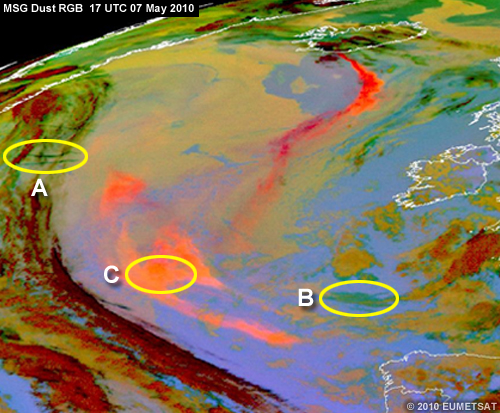 MSG dust RGB of Europe and Africa on 07 May 2010 with several areas highlighted for an exercise