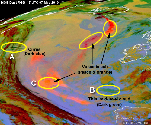 MSG dust RGB of Europe and Africa on 07 May 2010 with several areas highlighted and annotated for an exercise