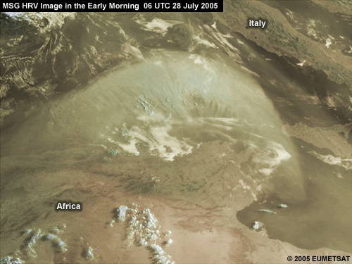 MSG HRV image showing a dust storm north of Africa in the early morning of 28 July 2005