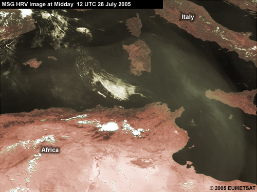 MSG HRV image showing a dust storm north of Africa at midday on 28 July 2005