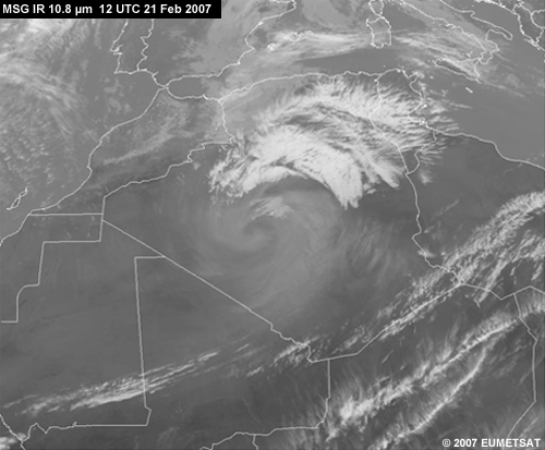 MSG IR 10.8 micrometer image from 12 Feb 2007 showing a dust storm