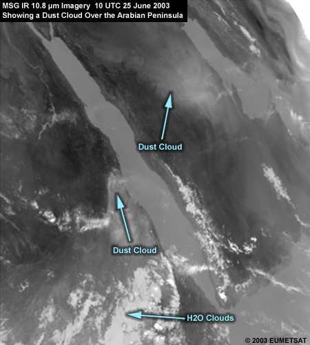 MSG IR 10.8 micrometer image from 10 UTC 25 June 2003 showing a dust cloud over the Arabian Peninsula with some of the dust clouds and water clouds labeled