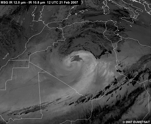 MSG IR 12 minus 10.8 micrometer image from 12 Feb 2007 showing a dust storm