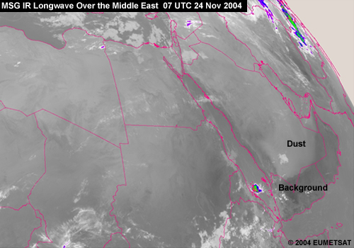 MSG IR longwave image showing dust over the Middle East at 07 UTC 24 Nov 2004