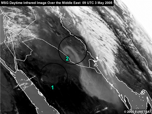 MSG IR image over the Middle East from 09 UTC 3 May 2005 with 2 areas circled (as part of an exercise on identifying dust clouds)