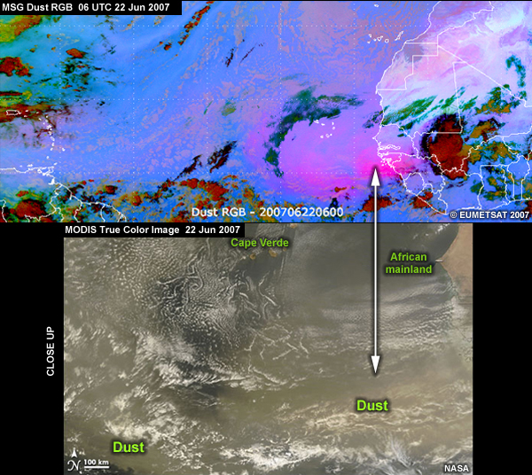 2 images of the same dust storm off western Africa on 22 Jun 2007 (one's an MSG dust RGB, the other's a MODIS true color image)