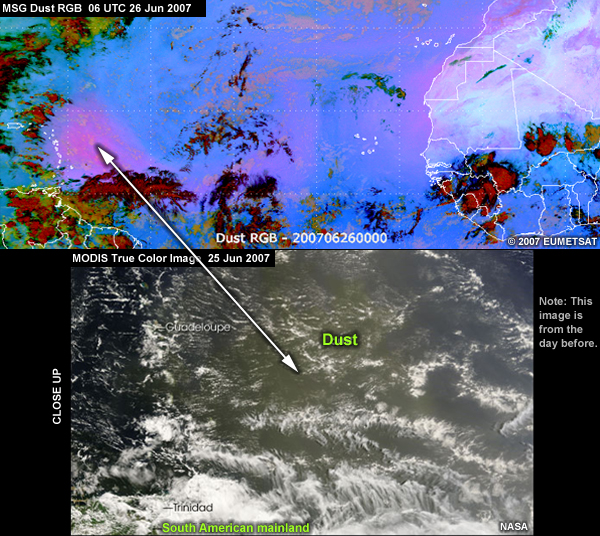 2 images of the same dust storm off western Africa on 25 Jun 2007 (one's an MSG dust RGB, the other's a MODIS true color image)