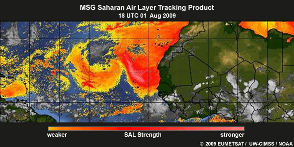 MSG Saharan Air Layer Tracking Product for 18 UTC 01 Aug 2009