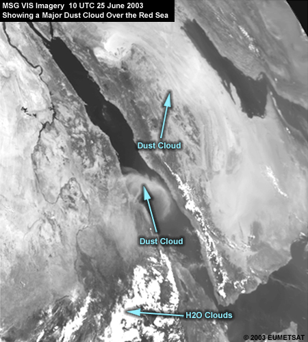 MSG VIS image from 10 UTC 25 June 2003 showing a major dust cloud over the Red Sea with dust and water clouds pointed out