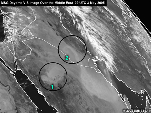 MSG VIS image over the Middle East from 09 UTC 3 May 2005 with 2 areas circled (as part of an exercise on identifying dust clouds)