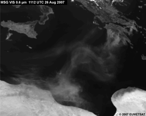 MSG Vis 0.6 micrometer channel showing dust storms over the Mediterranean Sea at 1112 UTC 26 August 2007