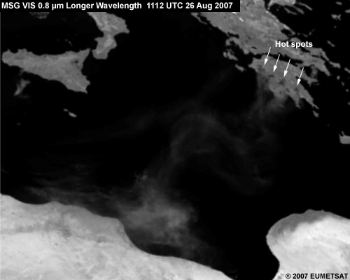 MSG Vis 0.8 micrometer channel showing dust storms over the Mediterranean Sea at 1112 UTC 26 August 2007