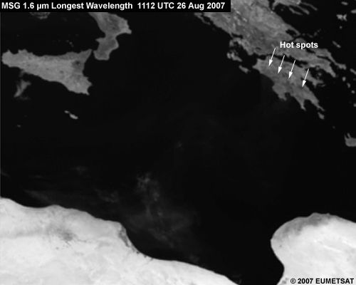 MSG 1.6 micrometer channel showing dust storms over the Mediterranean Sea at 1112 UTC 26 August 2007