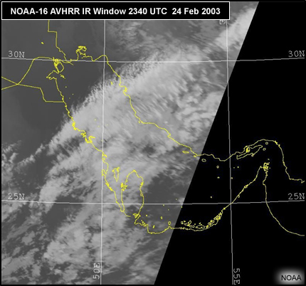 NOAA-16 AVHRR IR WIndow image for 2340 UTC 24 Feb 2003
