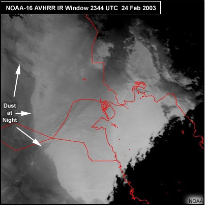 NOAA-16 AVHRR IR window image showing dust at night at 2344 UTC 24 Feb 2003