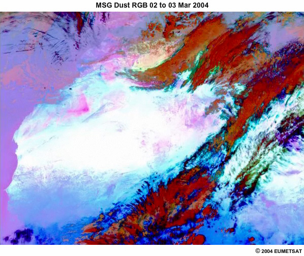 MSG dust RGB showing a dust storm in North Africa