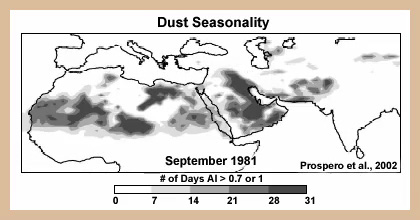 Maps showing seasonal variability of dust sources in the dust belt that stretches from western Africa up through Mongolia.